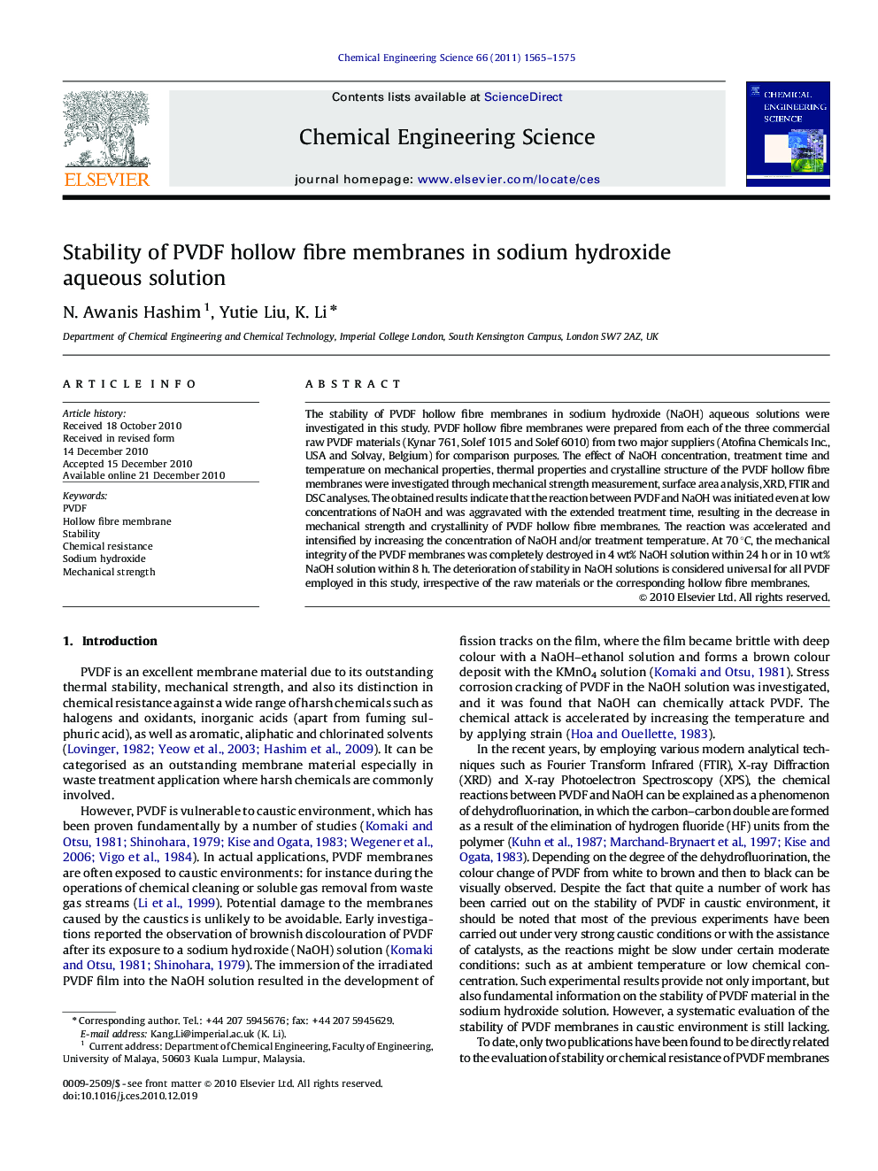 Stability of PVDF hollow fibre membranes in sodium hydroxide aqueous solution