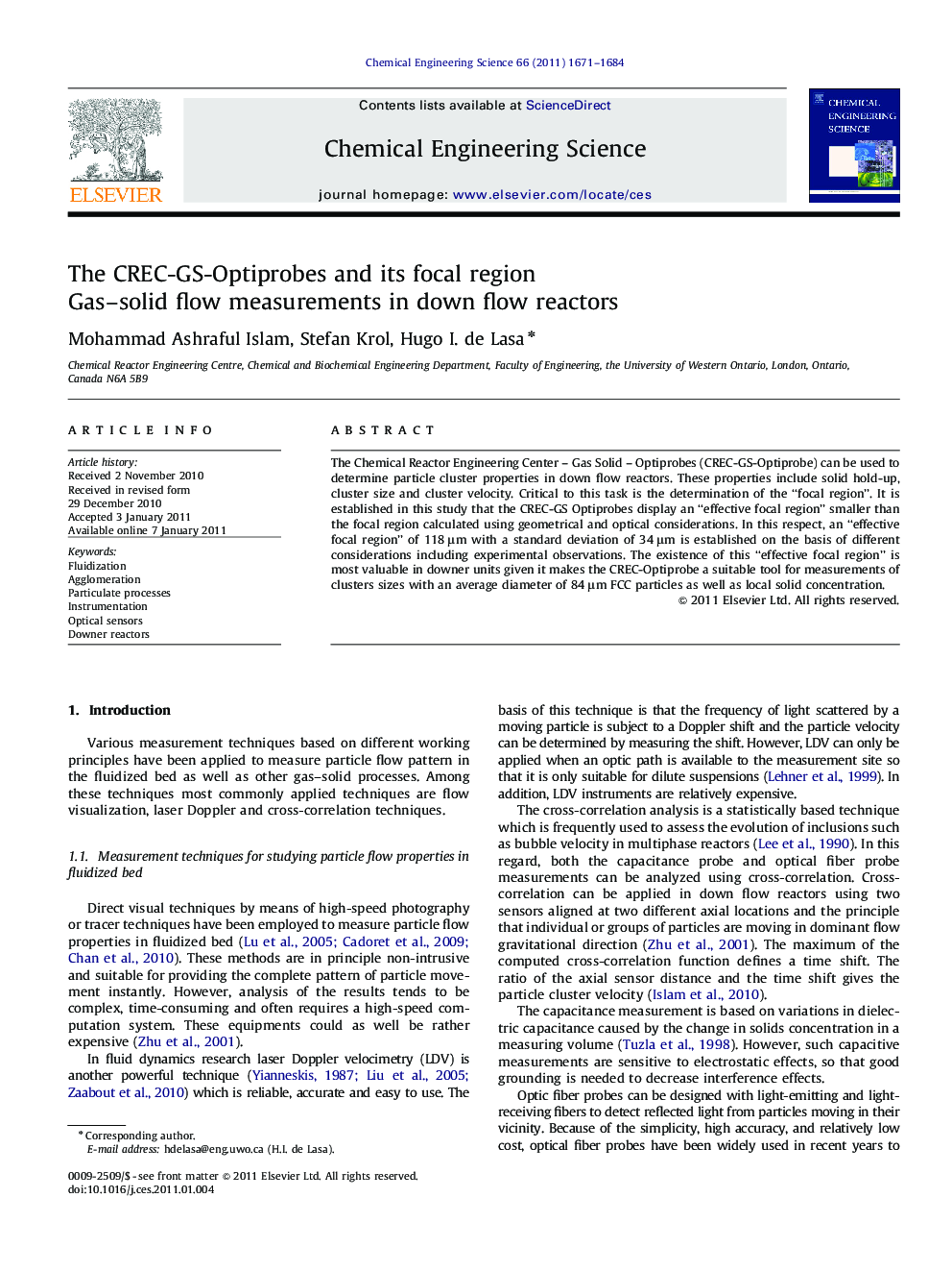 The CREC-GS-Optiprobes and its focal region: Gas–solid flow measurements in down flow reactors