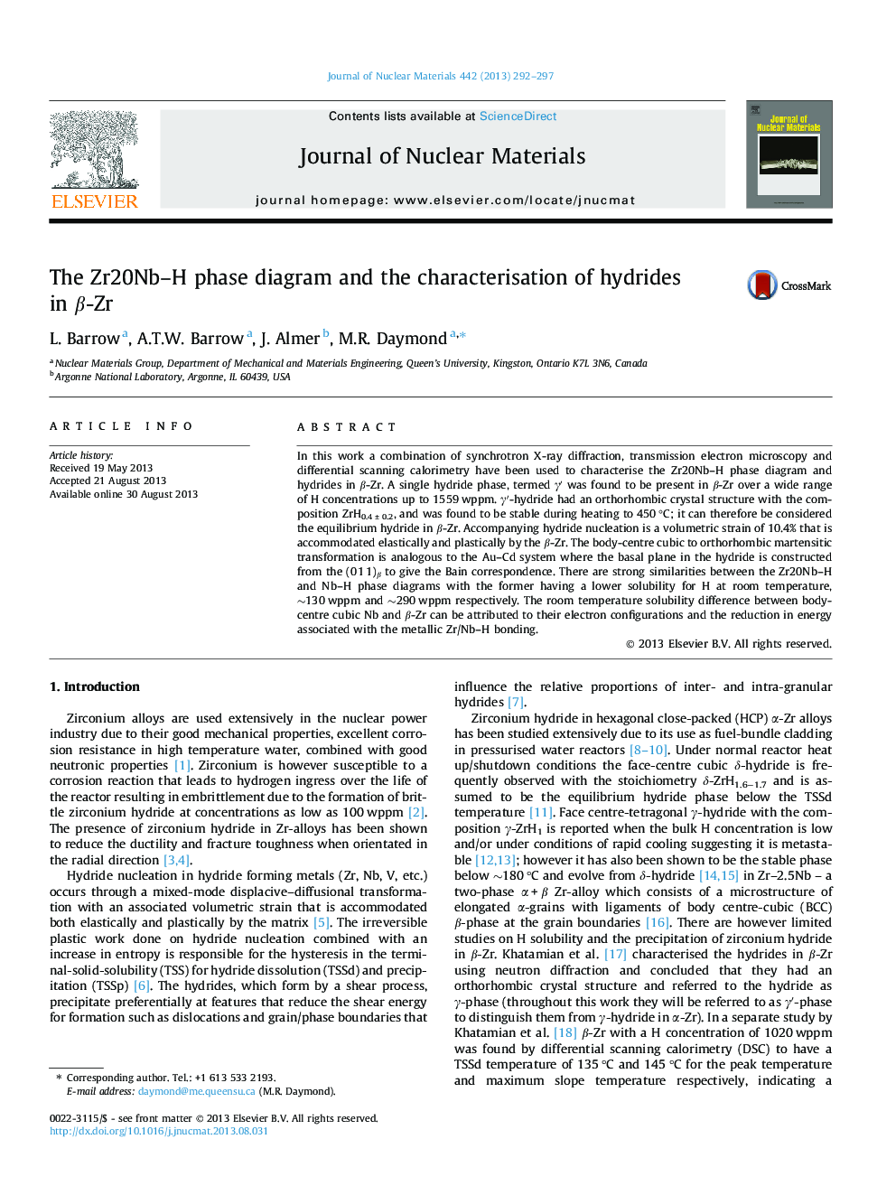 The Zr20Nb–H phase diagram and the characterisation of hydrides in β-Zr