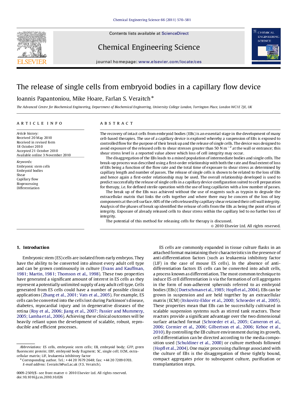 The release of single cells from embryoid bodies in a capillary flow device