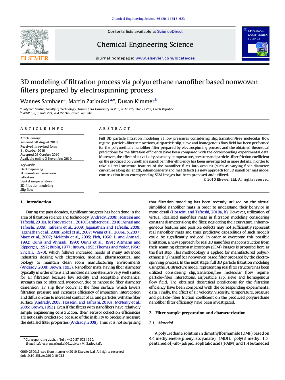 3D modeling of filtration process via polyurethane nanofiber based nonwoven filters prepared by electrospinning process