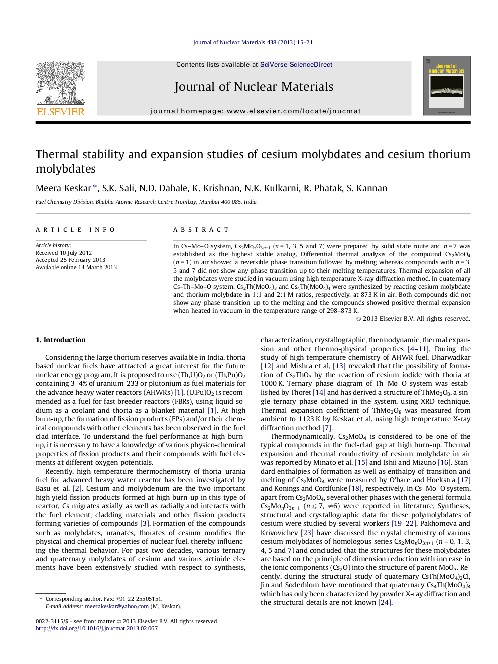 عکس صفحه اول مقاله: Thermal stability and expansion studies of cesium molybdates and cesium thorium molybdates Thermal stability and expansion studies of cesium molybdates and cesium thorium molybdates