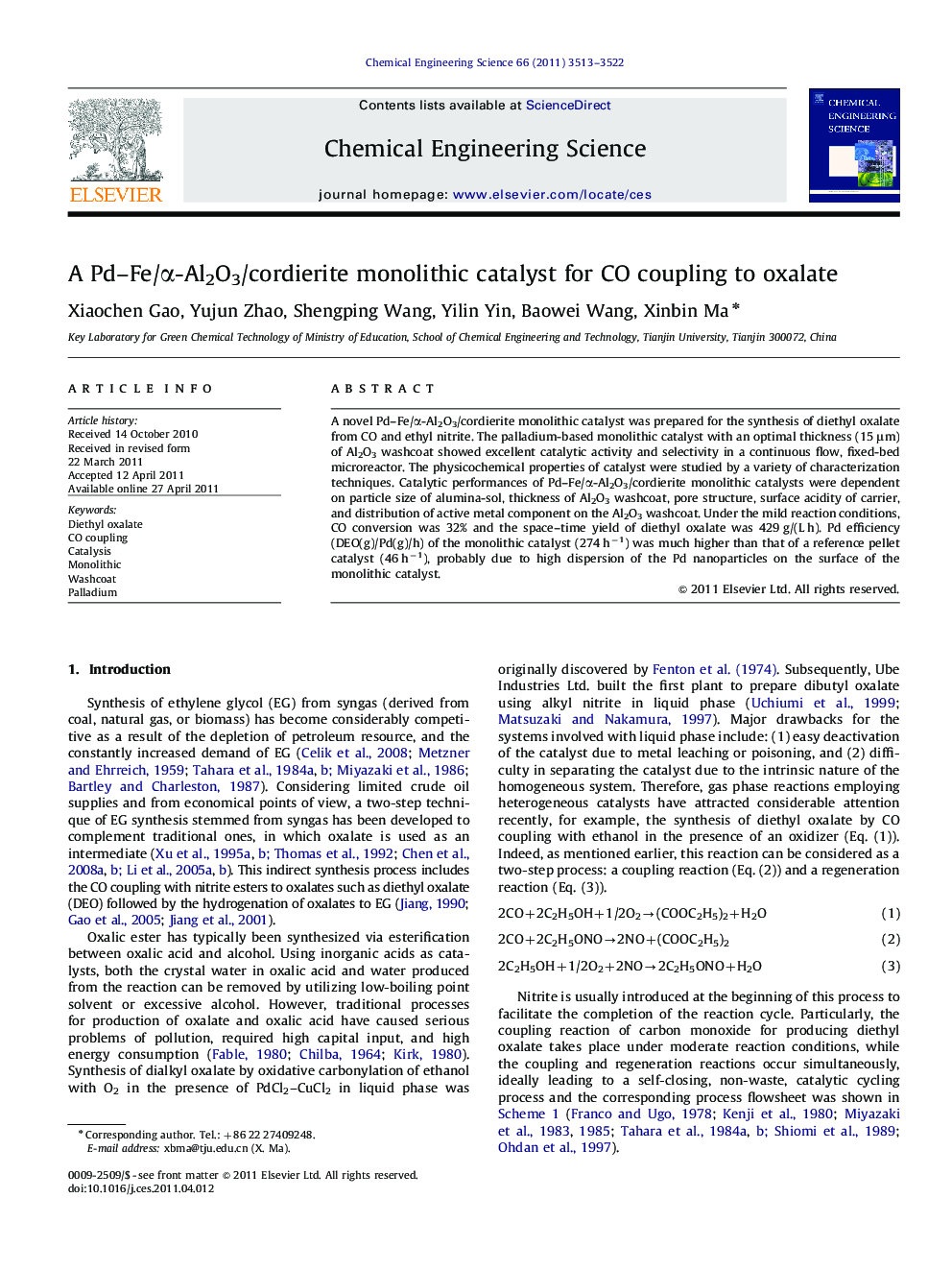 A Pd–Fe/α-Al2O3/cordierite monolithic catalyst for CO coupling to oxalate