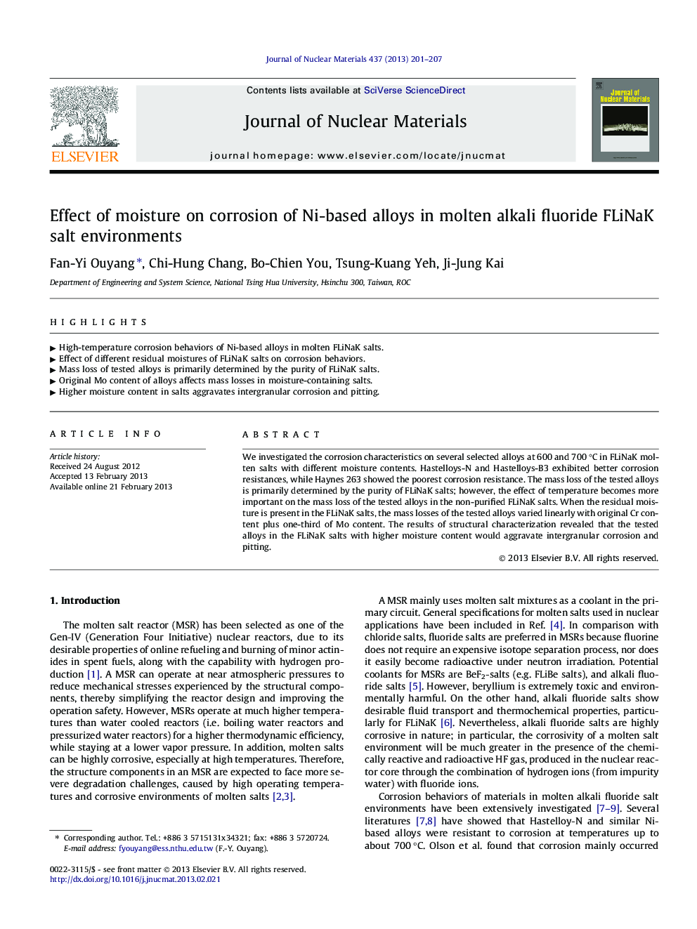 Effect of moisture on corrosion of Ni-based alloys in molten alkali fluoride FLiNaK salt environments