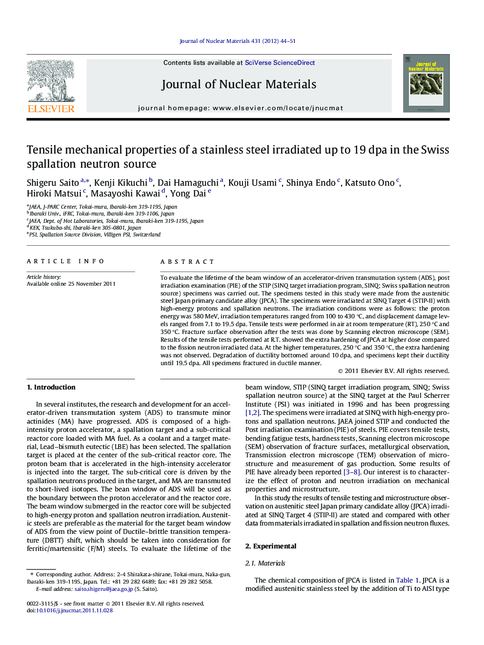 Tensile mechanical properties of a stainless steel irradiated up to 19Â dpa in the Swiss spallation neutron source