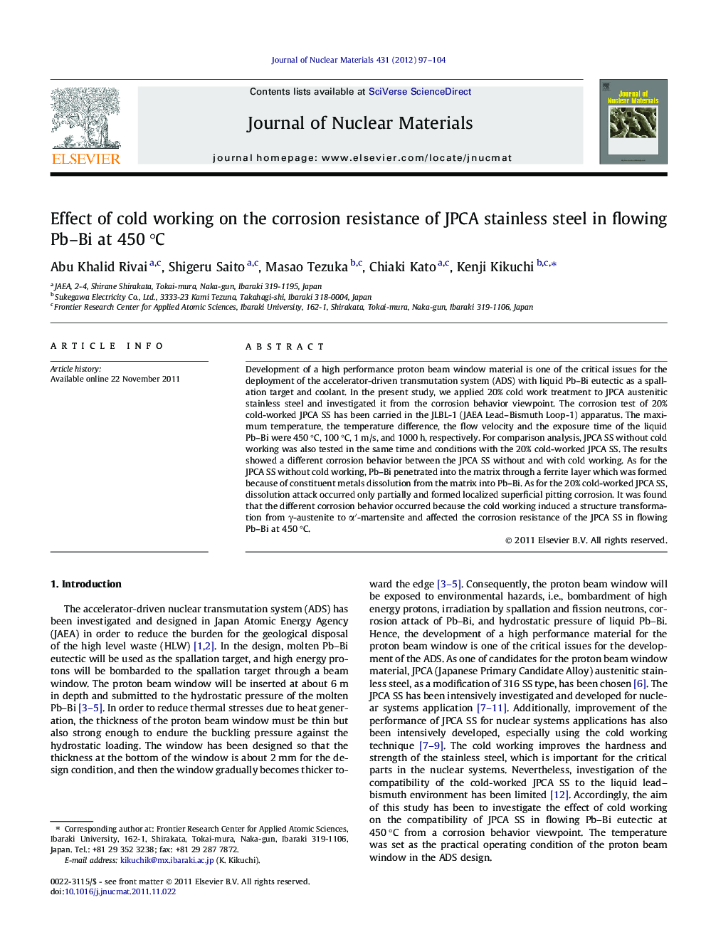 Effect of cold working on the corrosion resistance of JPCA stainless steel in flowing Pb–Bi at 450 °C