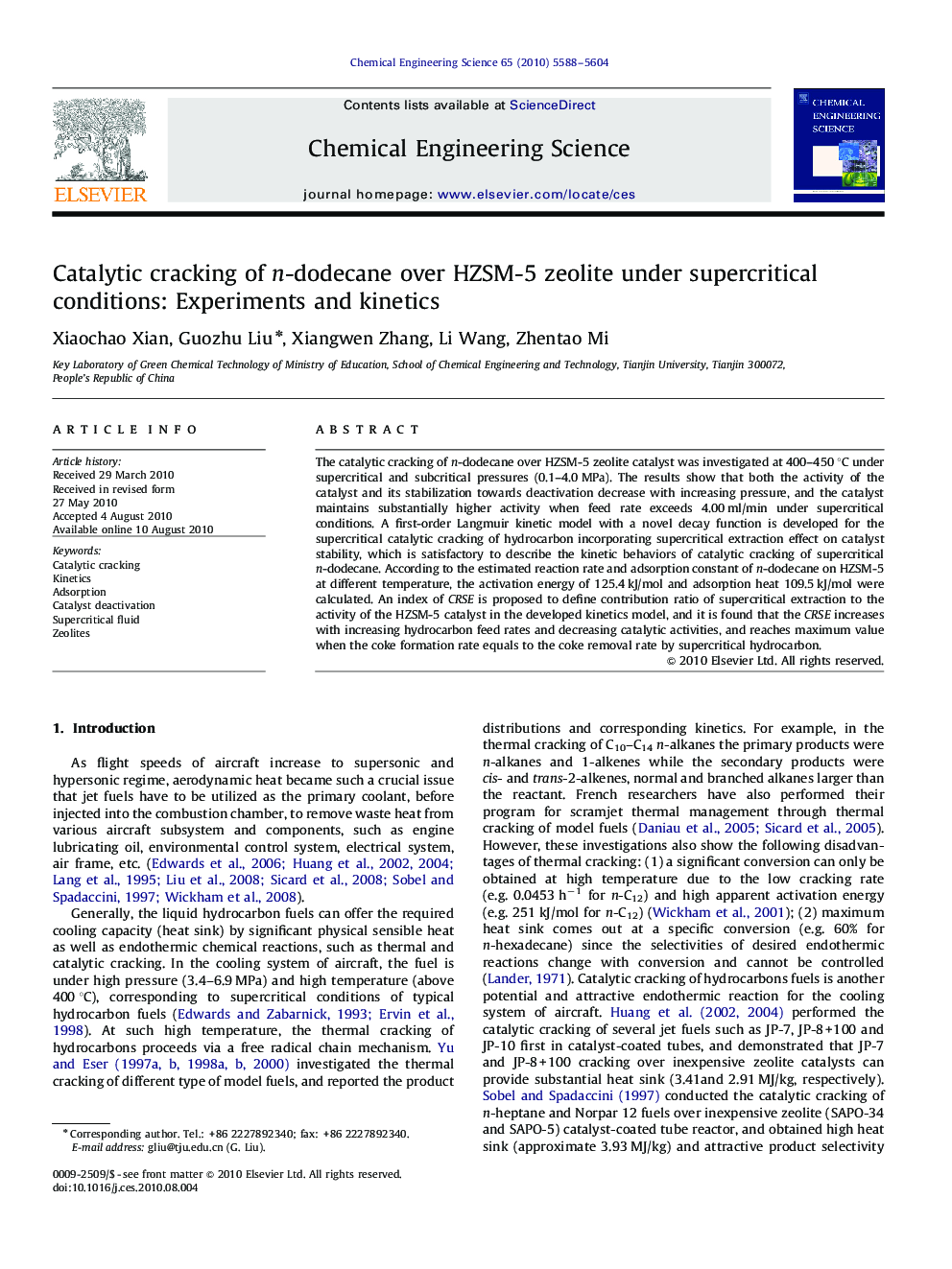 Catalytic cracking of n-dodecane over HZSM-5 zeolite under supercritical conditions: Experiments and kinetics