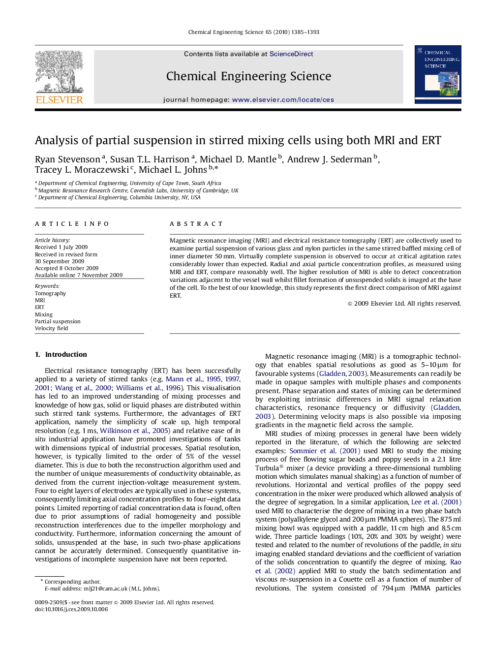 Analysis of partial suspension in stirred mixing cells using both MRI and ERT