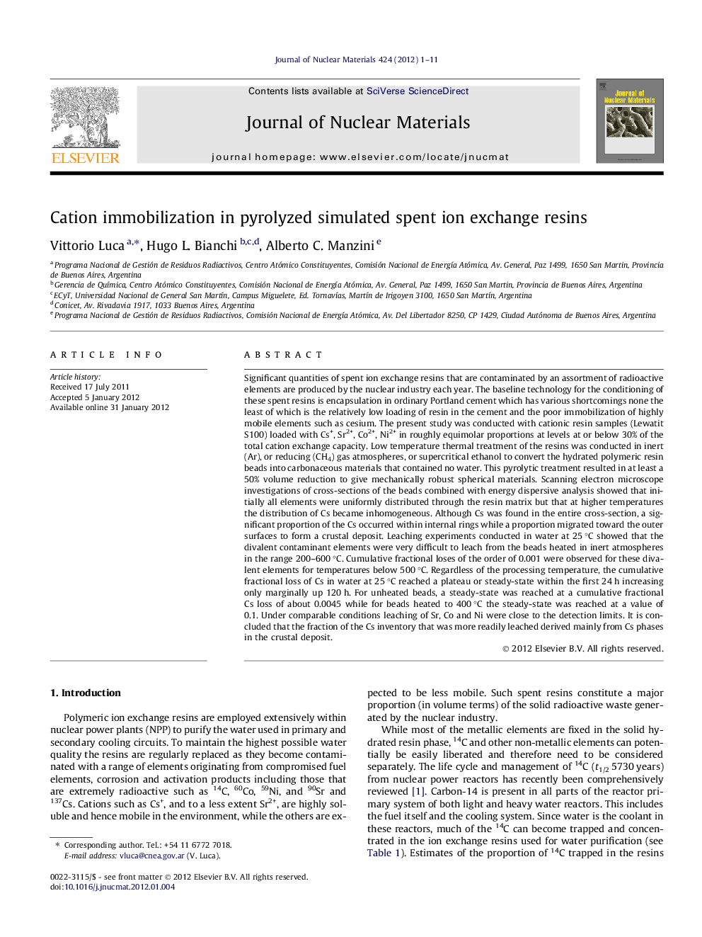 Cation immobilization in pyrolyzed simulated spent ion exchange resins