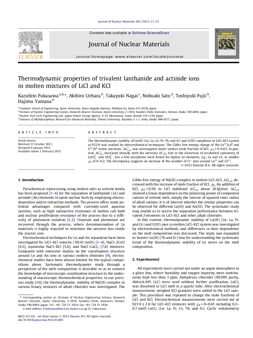 Thermodynamic properties of trivalent lanthanide and actinide ions in molten mixtures of LiCl and KCl