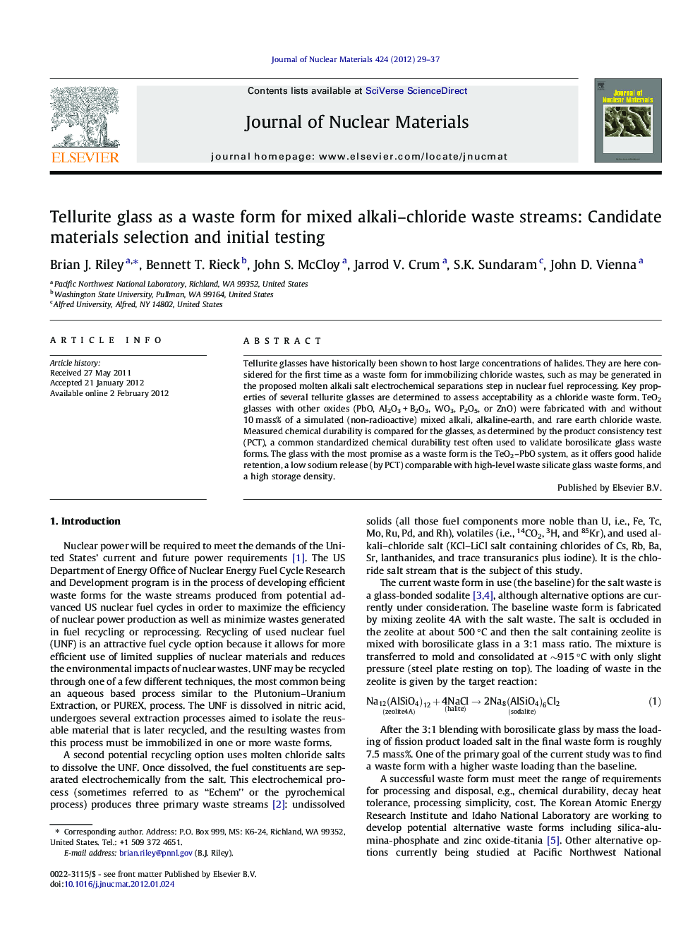 Tellurite glass as a waste form for mixed alkali-chloride waste streams: Candidate materials selection and initial testing