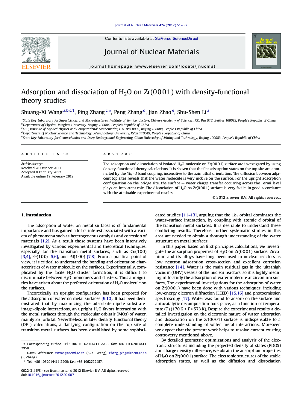 Adsorption and dissociation of H2O on Zr(0Â 0Â 0Â 1) with density-functional theory studies