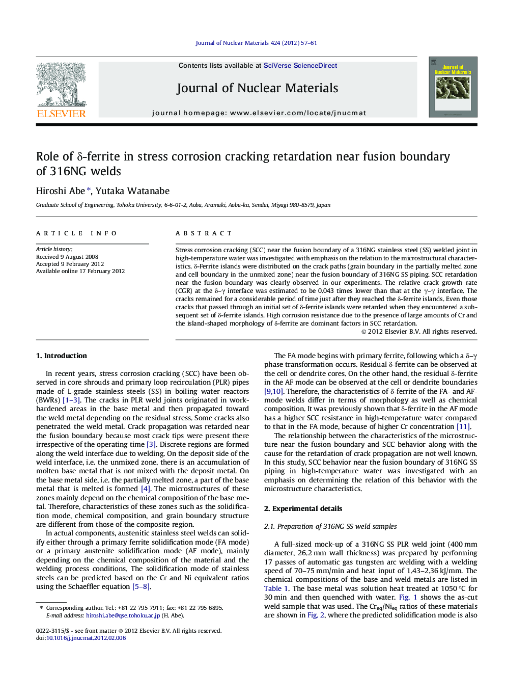 Role of Î´-ferrite in stress corrosion cracking retardation near fusion boundary of 316NG welds