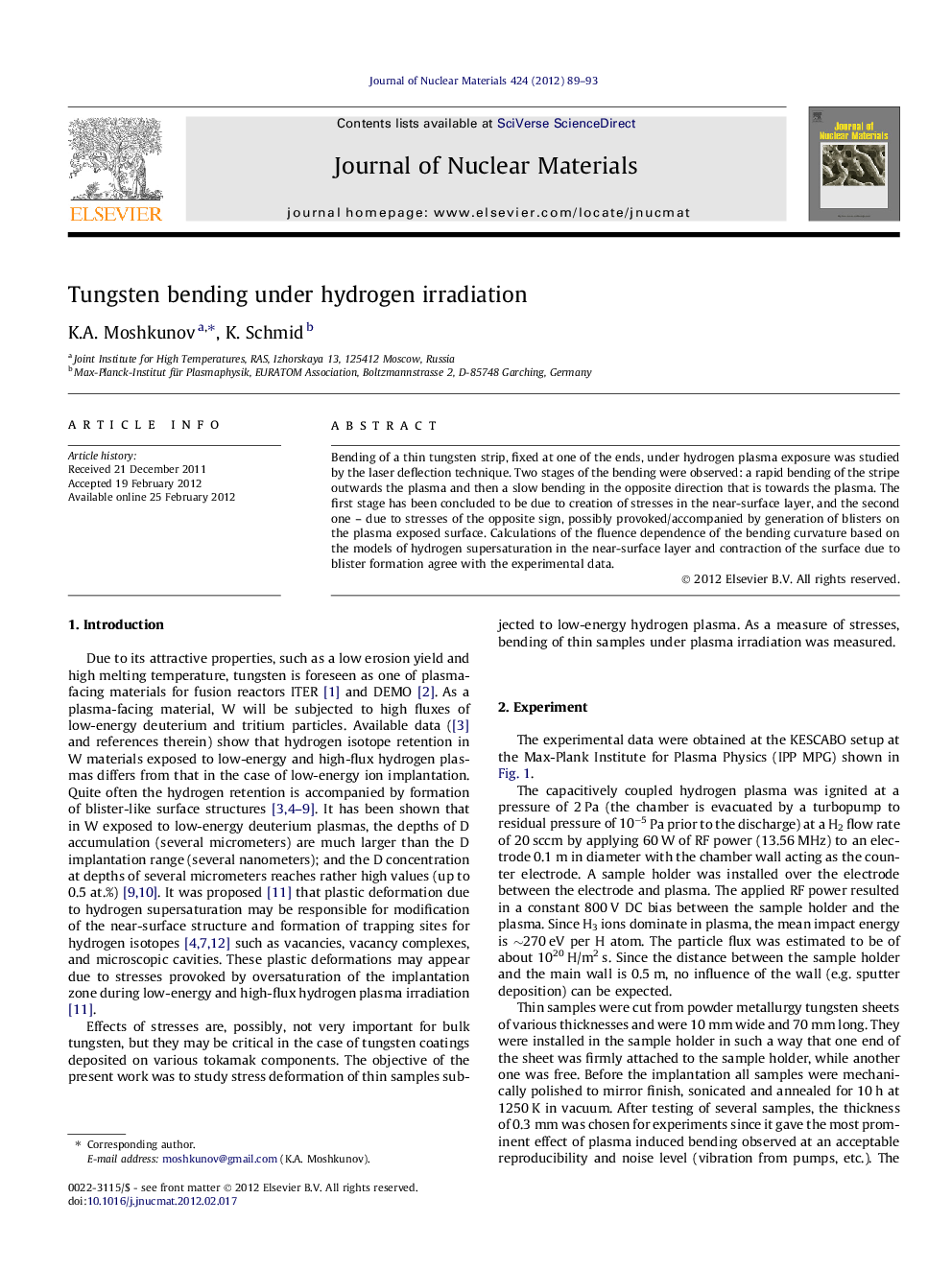 Tungsten bending under hydrogen irradiation