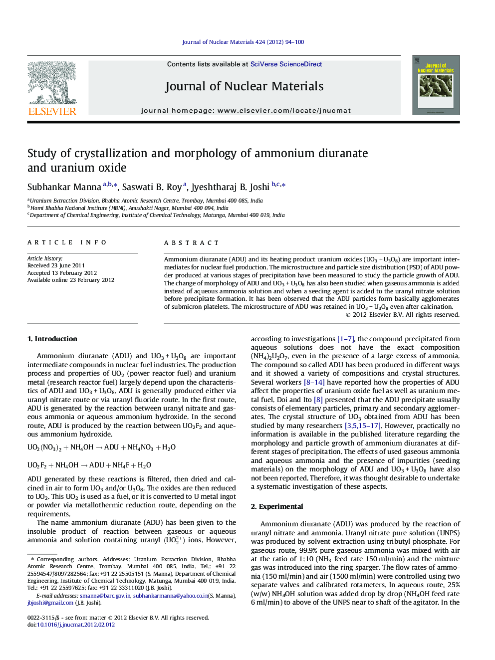 Study of crystallization and morphology of ammonium diuranate and uranium oxide
