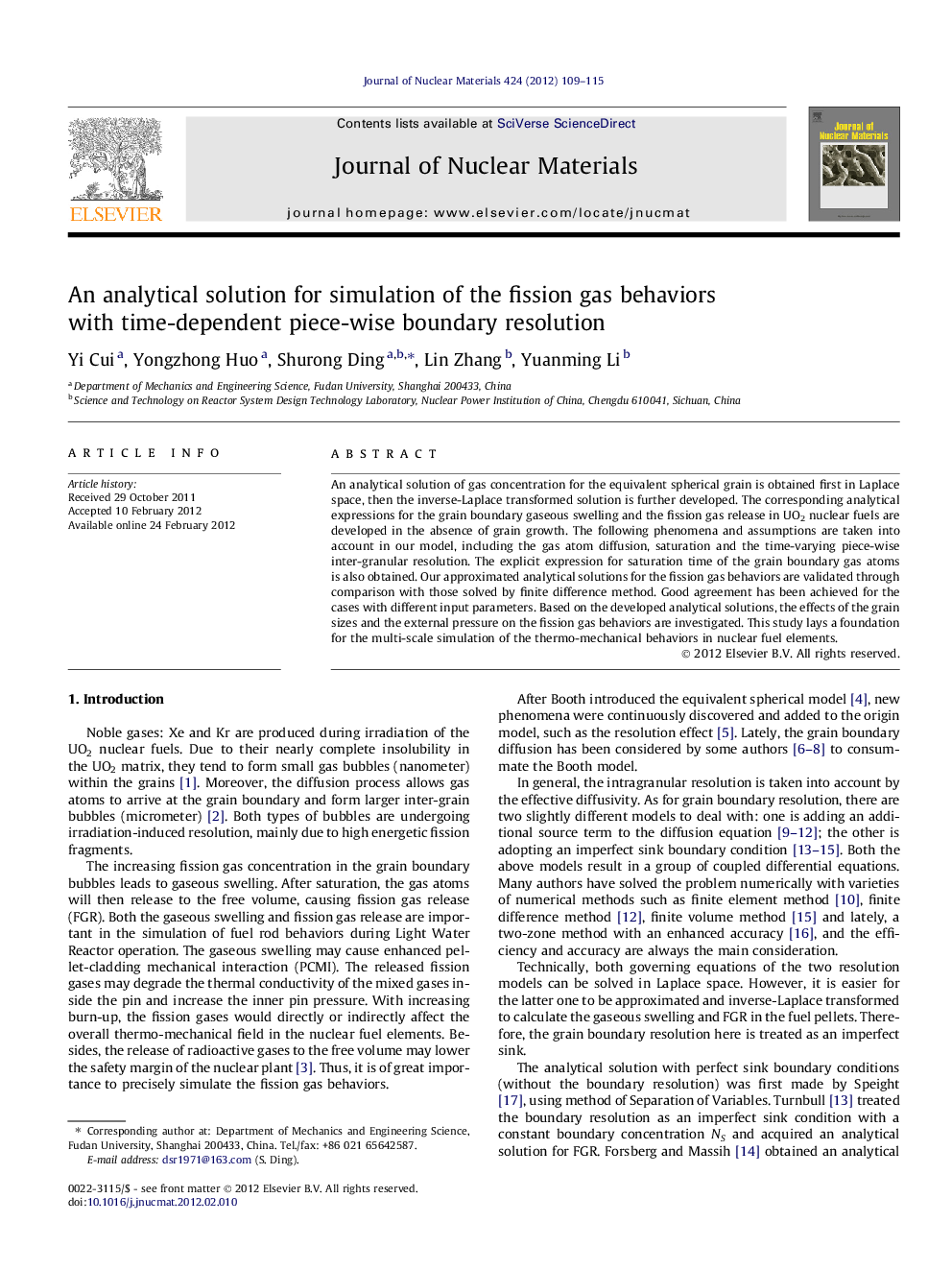 An analytical solution for simulation of the fission gas behaviors with time-dependent piece-wise boundary resolution