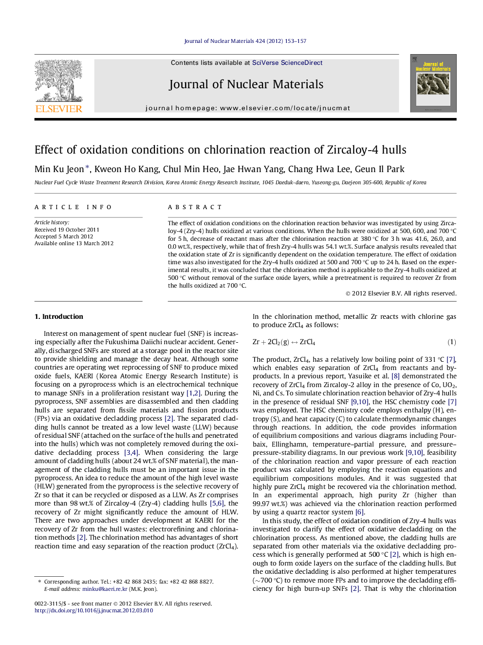 Effect of oxidation conditions on chlorination reaction of Zircaloy-4 hulls