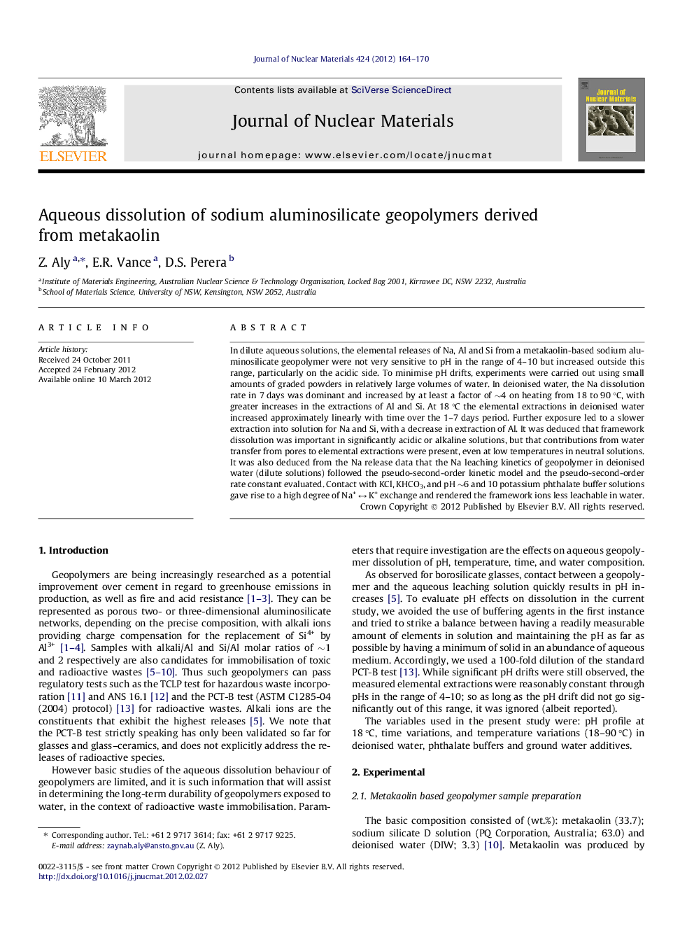 Aqueous dissolution of sodium aluminosilicate geopolymers derived from metakaolin