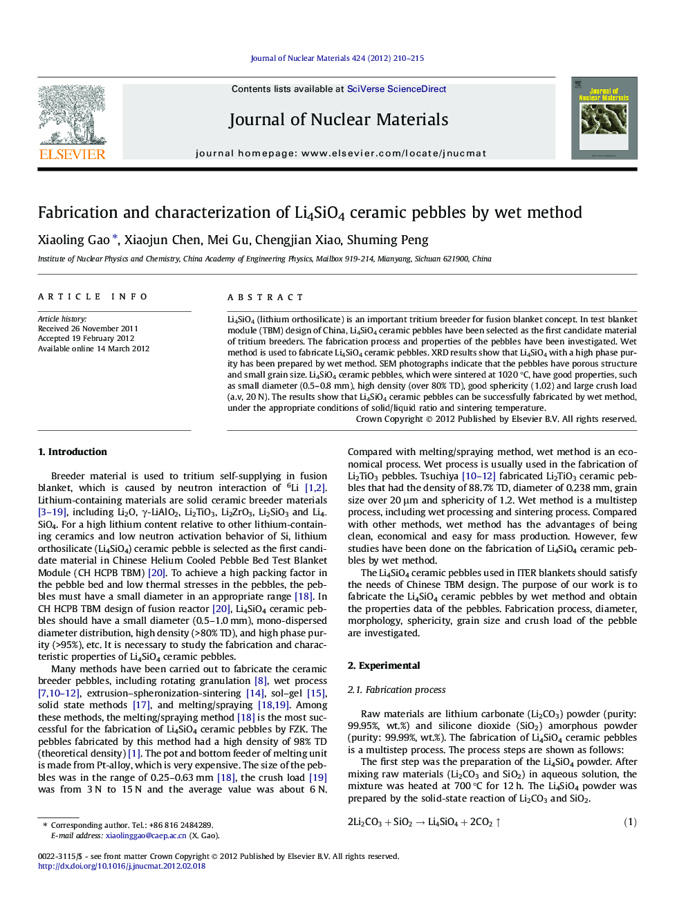Fabrication and characterization of Li4SiO4 ceramic pebbles by wet method