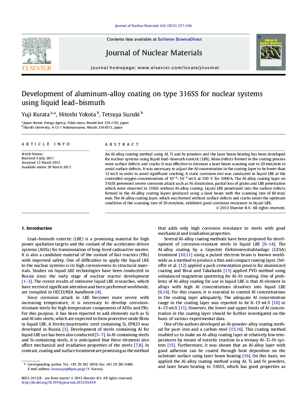Development of aluminum-alloy coating on type 316SS for nuclear systems using liquid lead–bismuth