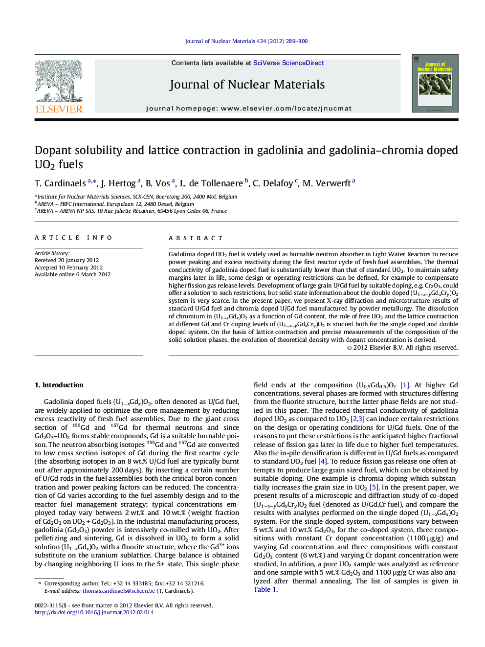 Dopant solubility and lattice contraction in gadolinia and gadolinia-chromia doped UO2 fuels