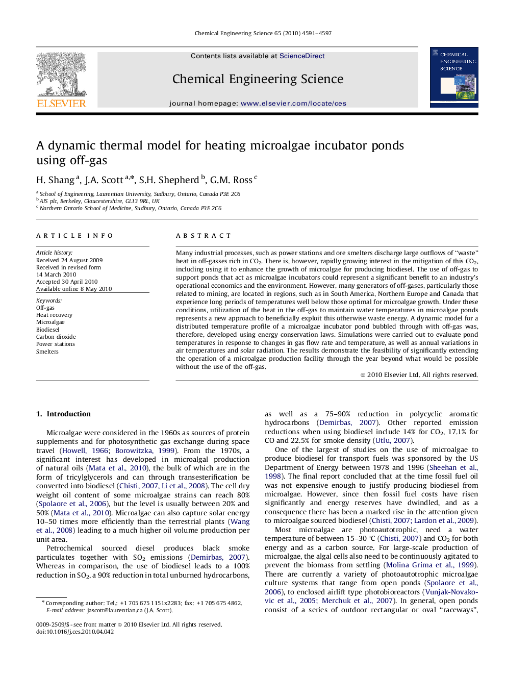 A dynamic thermal model for heating microalgae incubator ponds using off-gas