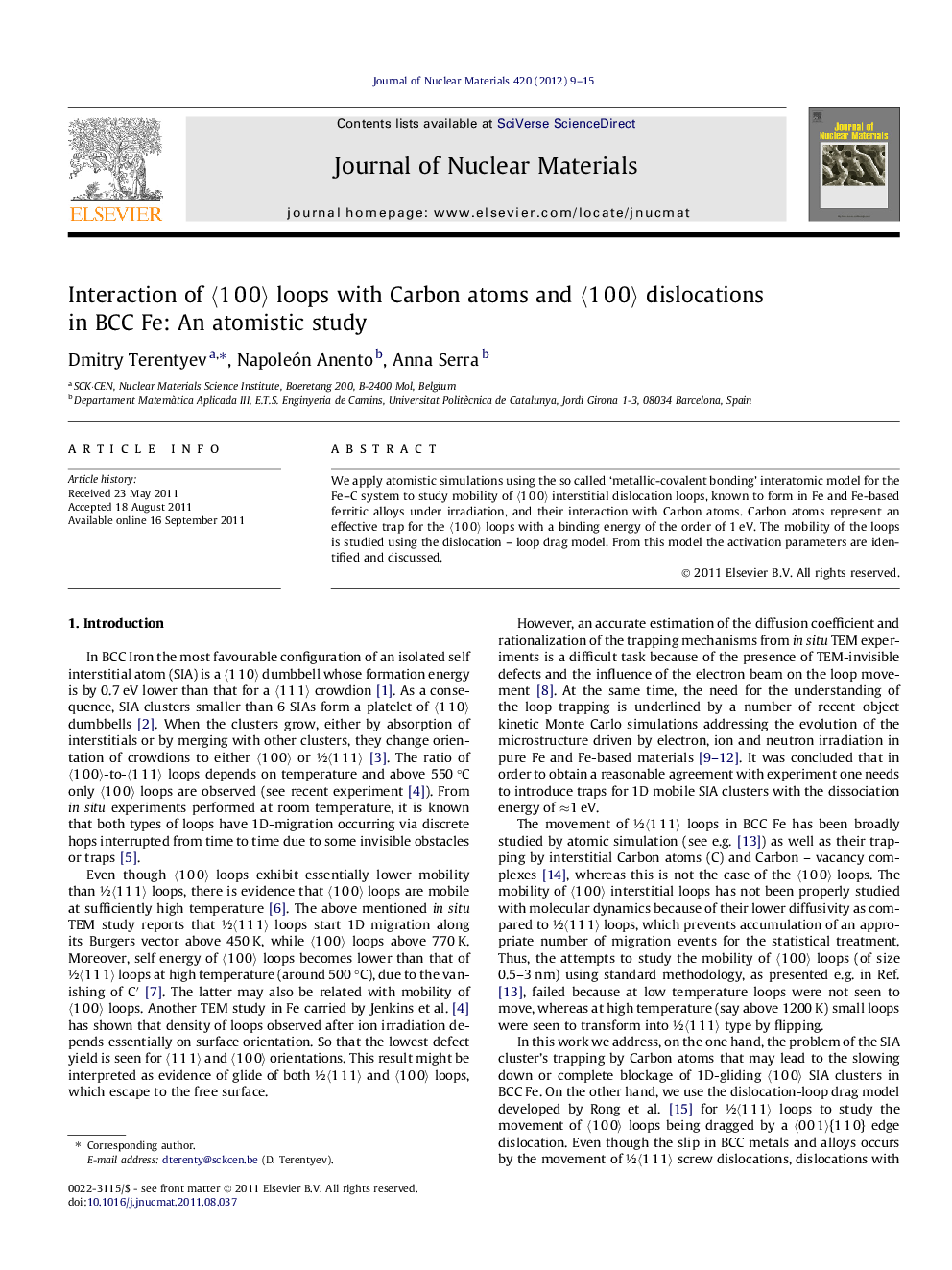 عکس صفحه اول مقاله: Interaction of 〈1 0 0〉 loops with Carbon atoms and 〈1 0 0〉 dislocations in BCC Fe: An atomistic study Interaction of 〈1 0 0〉 loops with Carbon atoms and 〈1 0 0〉 dislocations in BCC Fe: An atomistic study