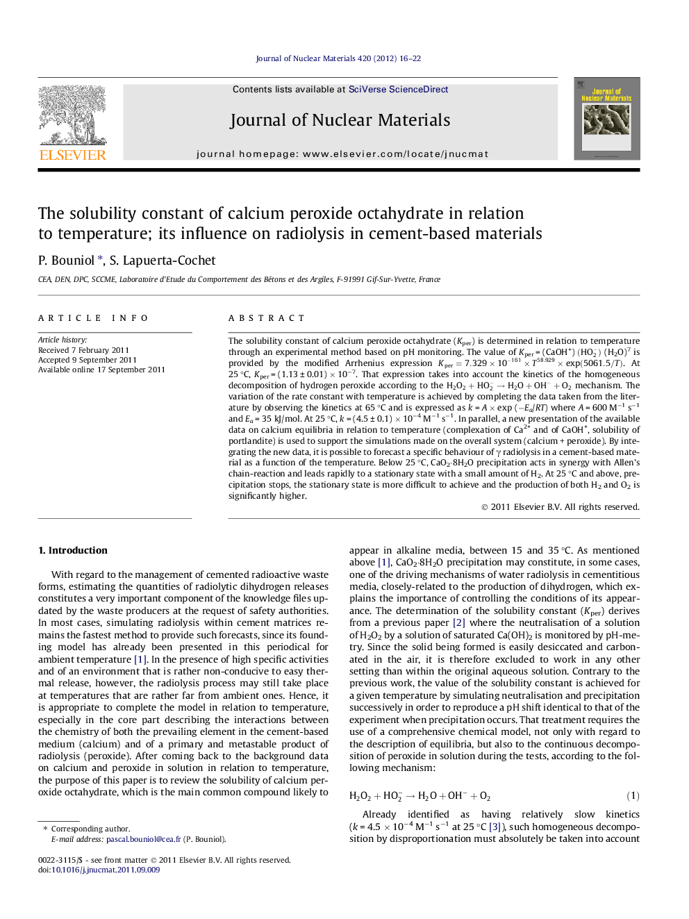 عکس صفحه اول مقاله: The solubility constant of calcium peroxide octahydrate in relation to temperature; its influence on radiolysis in cement-based materials The solubility constant of calcium peroxide octahydrate in relation to temperature; its influence on radiolysis in cement-based materials