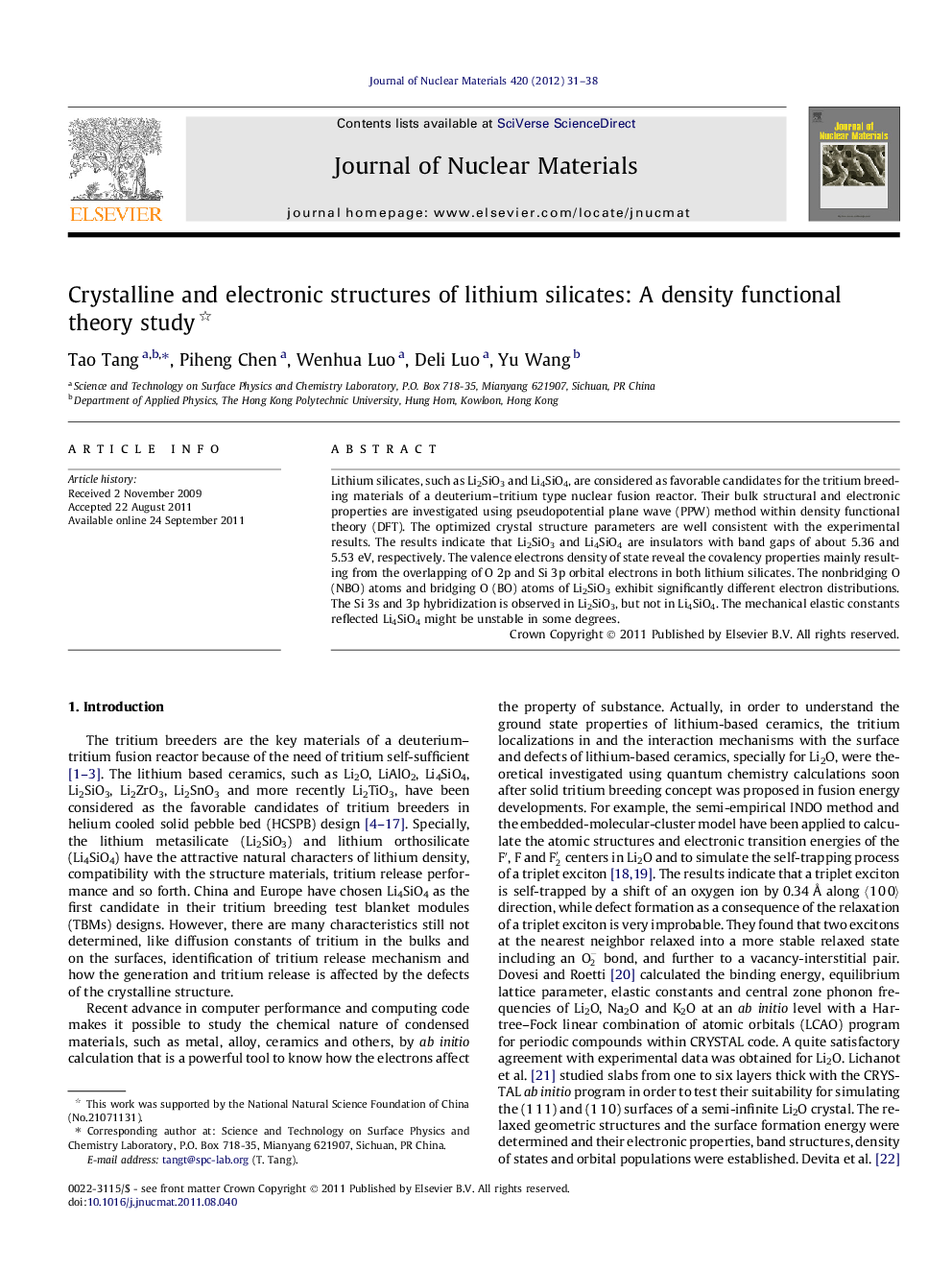 عکس صفحه اول مقاله: Crystalline and electronic structures of lithium silicates: A density functional theory study Crystalline and electronic structures of lithium silicates: A density functional theory study