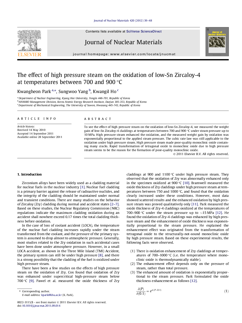 عکس صفحه اول مقاله: The effect of high pressure steam on the oxidation of low-Sn Zircaloy-4 at temperatures between 700 and 900 °C The effect of high pressure steam on the oxidation of low-Sn Zircaloy-4 at temperatures between 700 and 900 °C