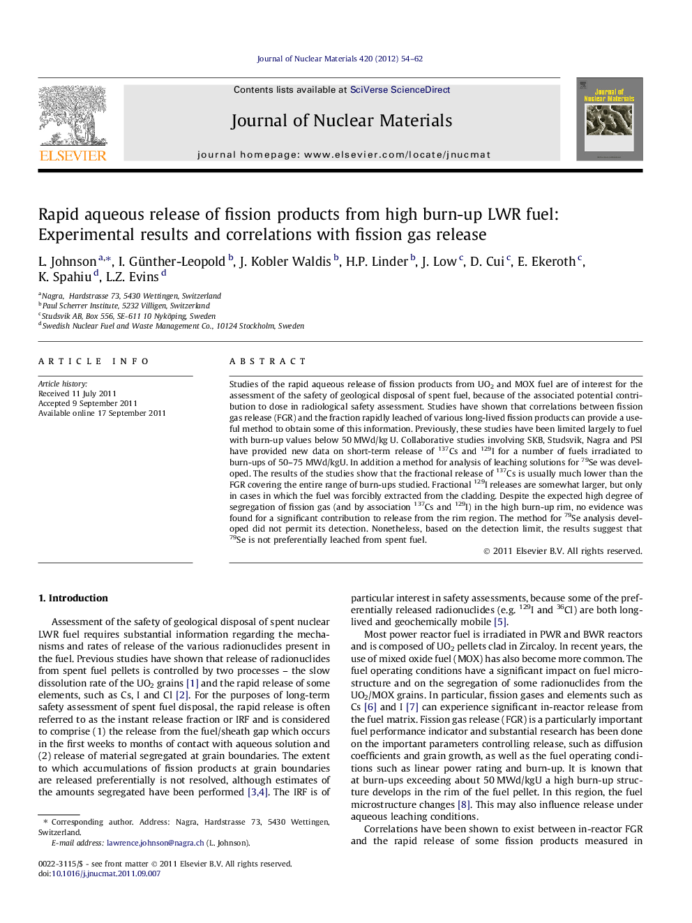 عکس صفحه اول مقاله: Rapid aqueous release of fission products from high burn-up LWR fuel: Experimental results and correlations with fission gas release Rapid aqueous release of fission products from high burn-up LWR fuel: Experimental results and correlations with fission gas release