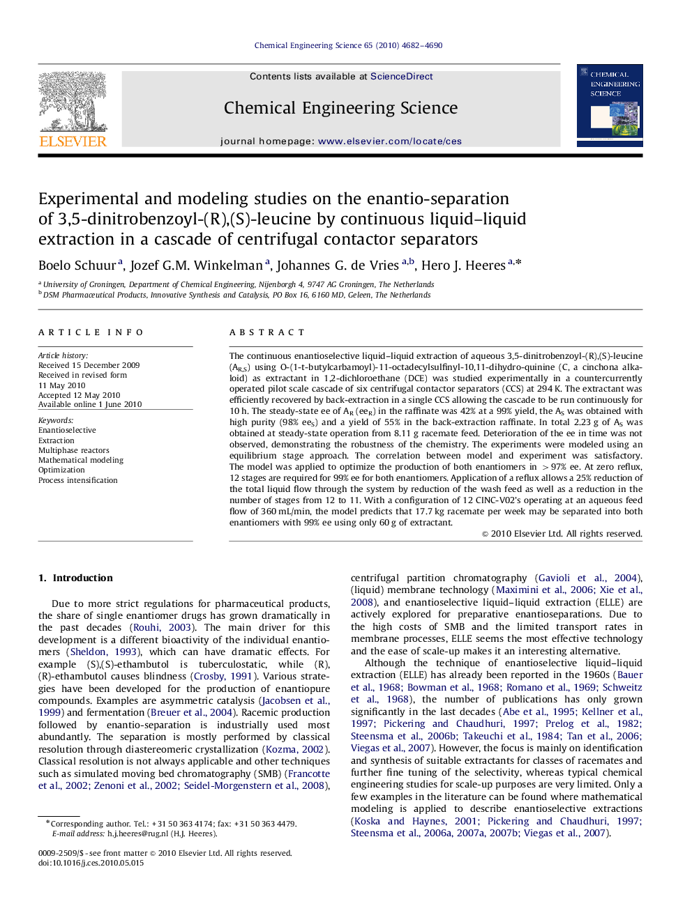 Experimental and modeling studies on the enantio-separation of 3,5-dinitrobenzoyl-(R),(S)-leucine by continuous liquid–liquid extraction in a cascade of centrifugal contactor separators