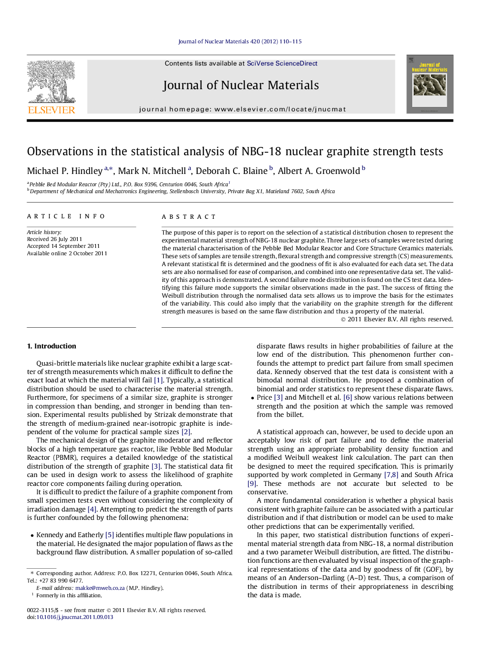 عکس صفحه اول مقاله: Observations in the statistical analysis of NBG-18 nuclear graphite strength tests Observations in the statistical analysis of NBG-18 nuclear graphite strength tests