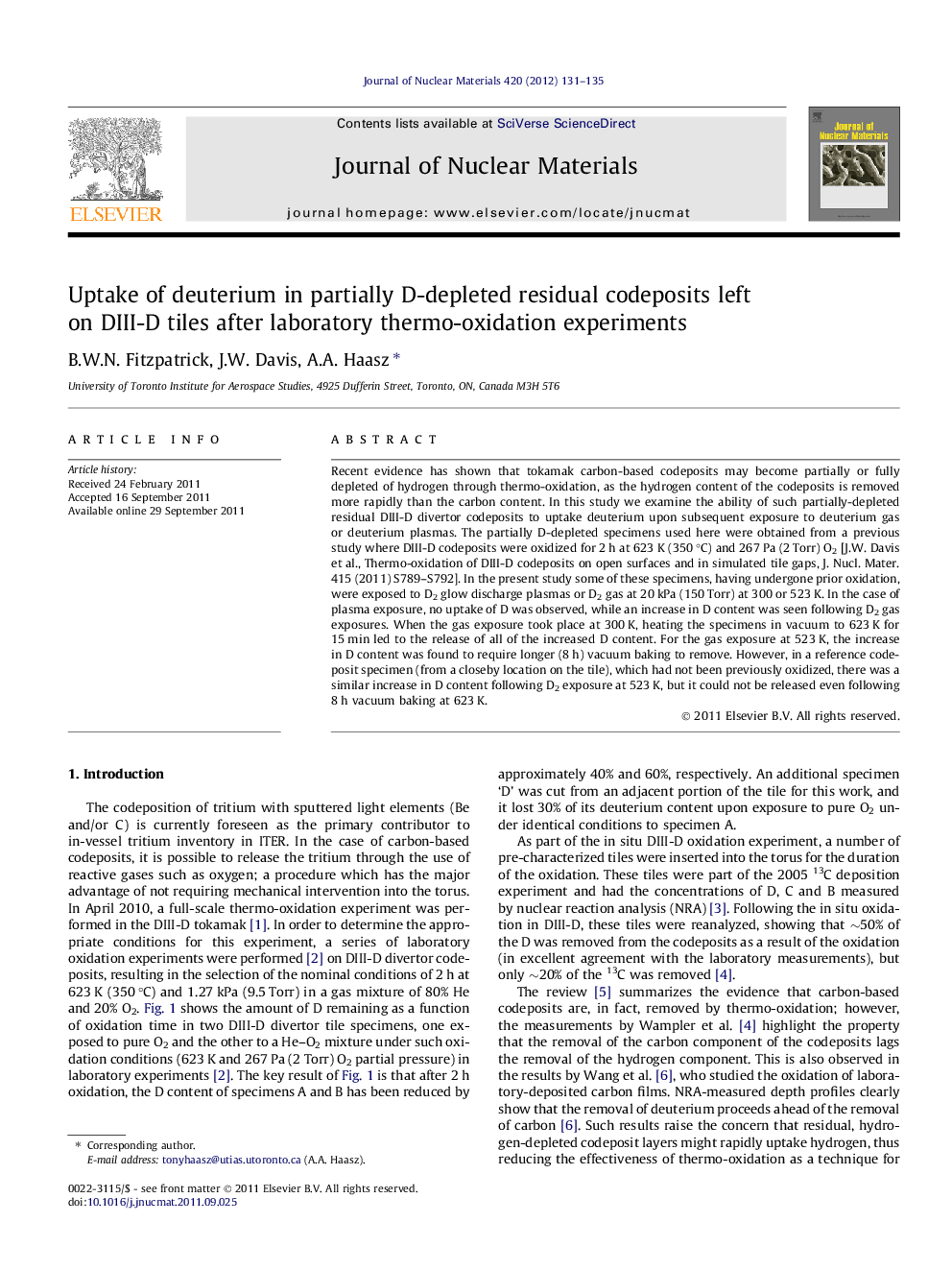 عکس صفحه اول مقاله: Uptake of deuterium in partially D-depleted residual codeposits left on DIII-D tiles after laboratory thermo-oxidation experiments Uptake of deuterium in partially D-depleted residual codeposits left on DIII-D tiles after laboratory thermo-oxidation experiments