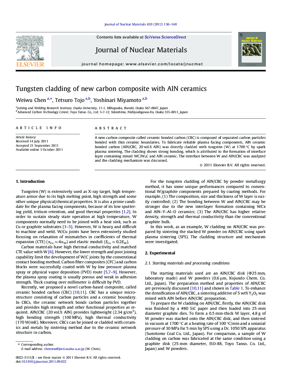 عکس صفحه اول مقاله: Tungsten cladding of new carbon composite with AlN ceramics Tungsten cladding of new carbon composite with AlN ceramics