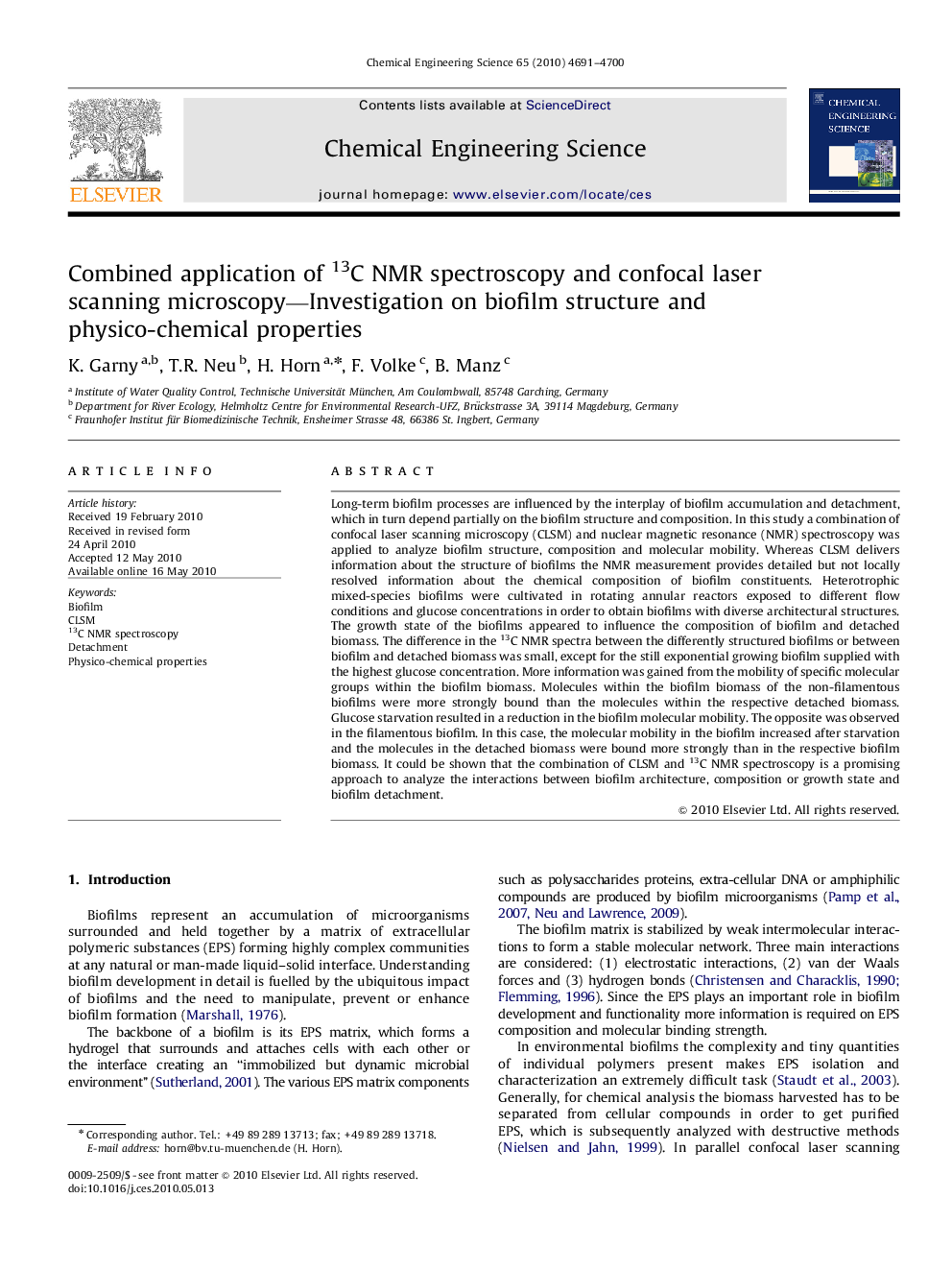 Combined application of 13C NMR spectroscopy and confocal laser scanning microscopy—Investigation on biofilm structure and physico-chemical properties