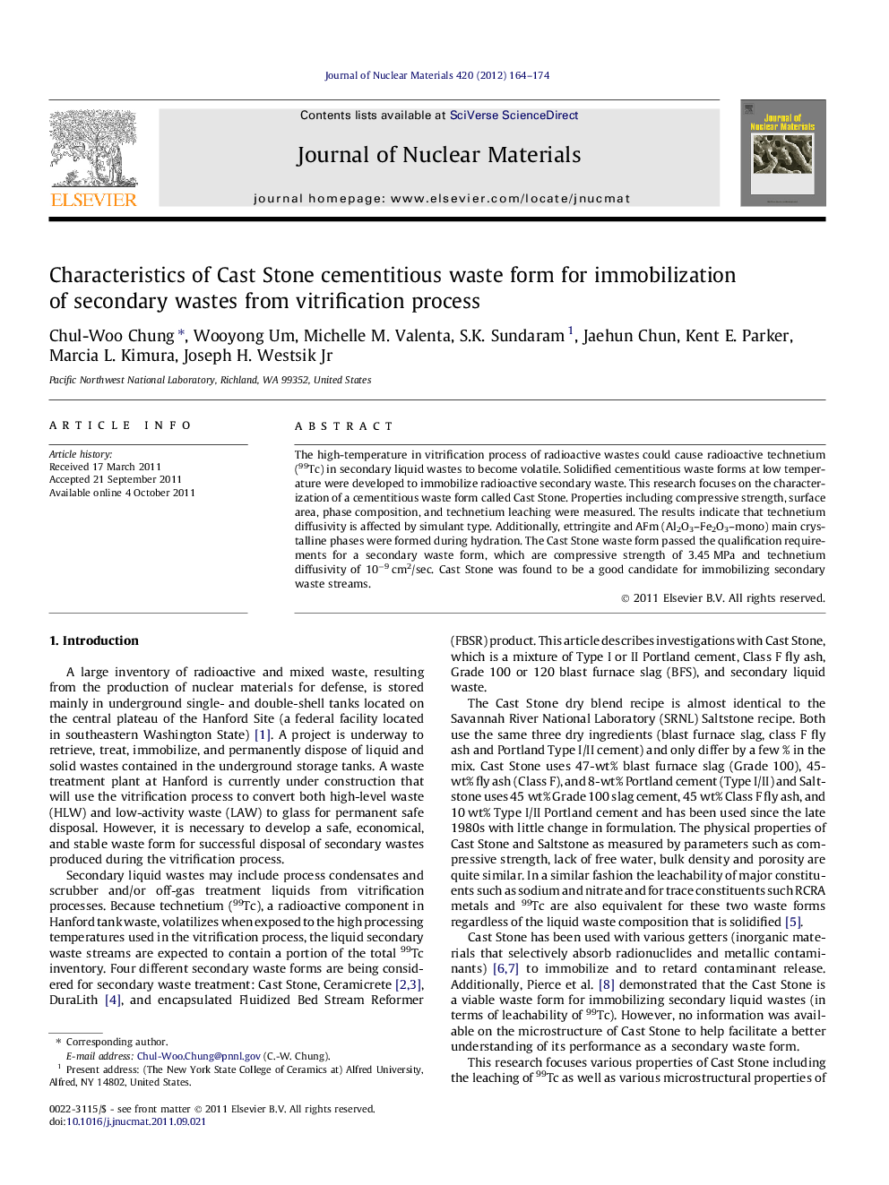 عکس صفحه اول مقاله: Characteristics of Cast Stone cementitious waste form for immobilization of secondary wastes from vitrification process Characteristics of Cast Stone cementitious waste form for immobilization of secondary wastes from vitrification process