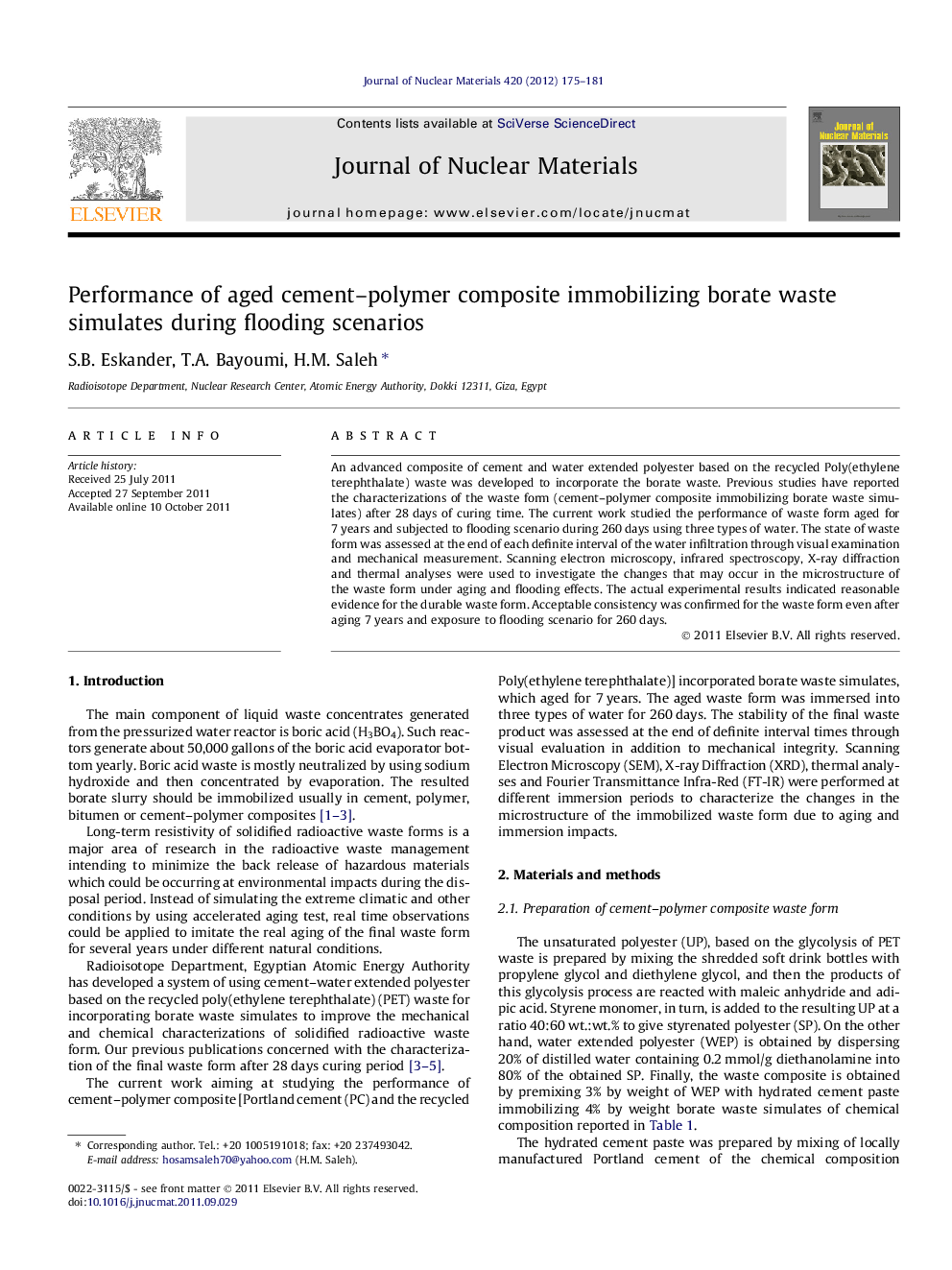 عکس صفحه اول مقاله: Performance of aged cement–polymer composite immobilizing borate waste simulates during flooding scenarios Performance of aged cement–polymer composite immobilizing borate waste simulates during flooding scenarios