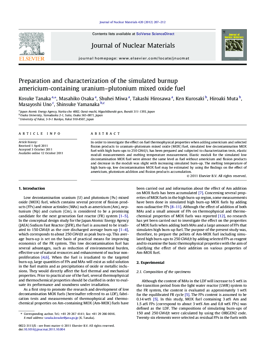 Preparation and characterization of the simulated burnup americium-containing uranium–plutonium mixed oxide fuel