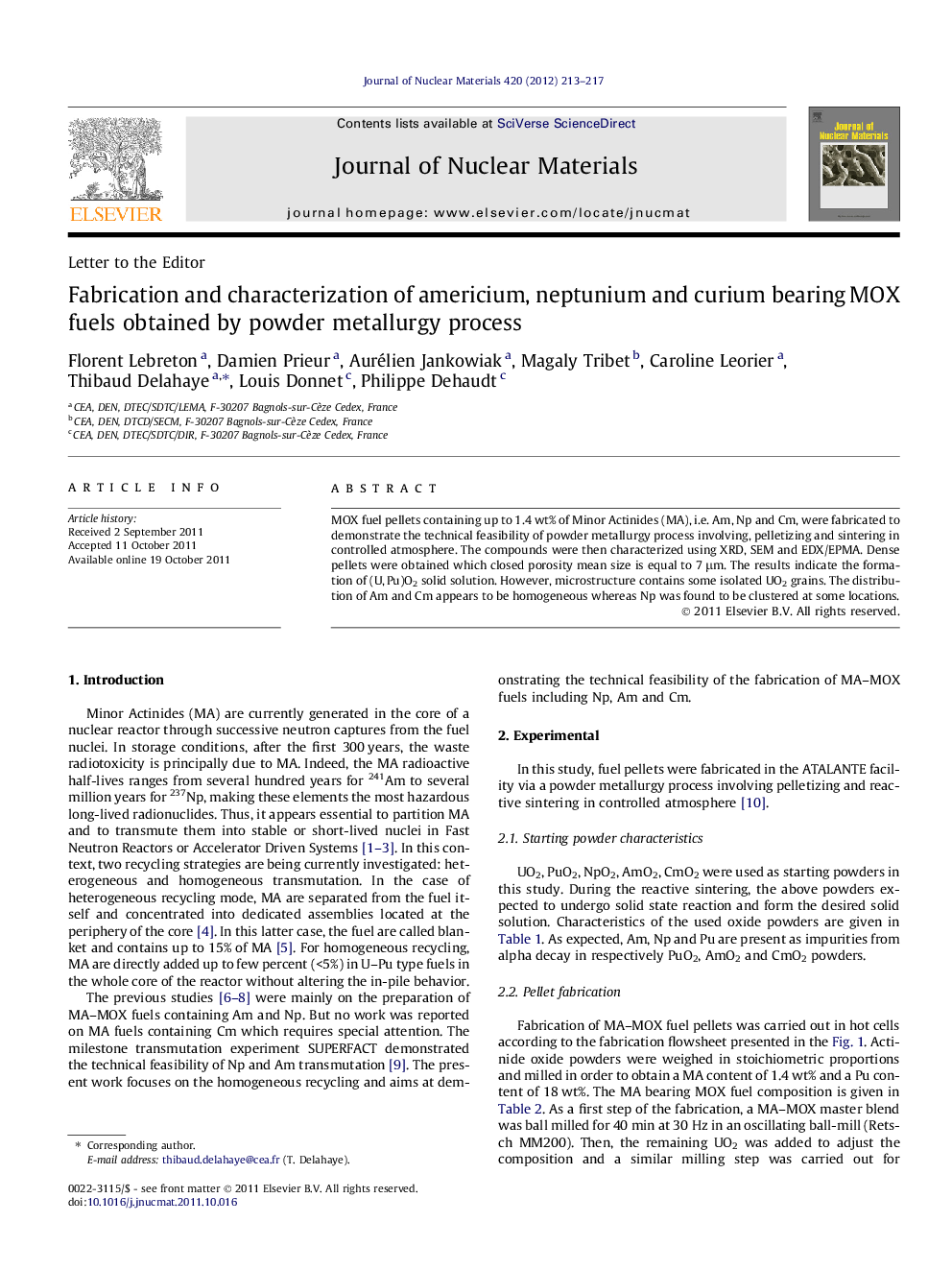 Fabrication and characterization of americium, neptunium and curium bearing MOX fuels obtained by powder metallurgy process