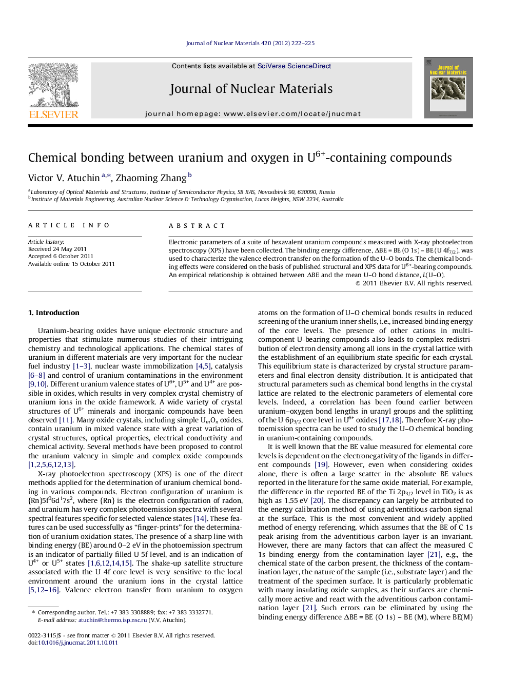 عکس صفحه اول مقاله: Chemical bonding between uranium and oxygen in U6+-containing compounds Chemical bonding between uranium and oxygen in U6+-containing compounds