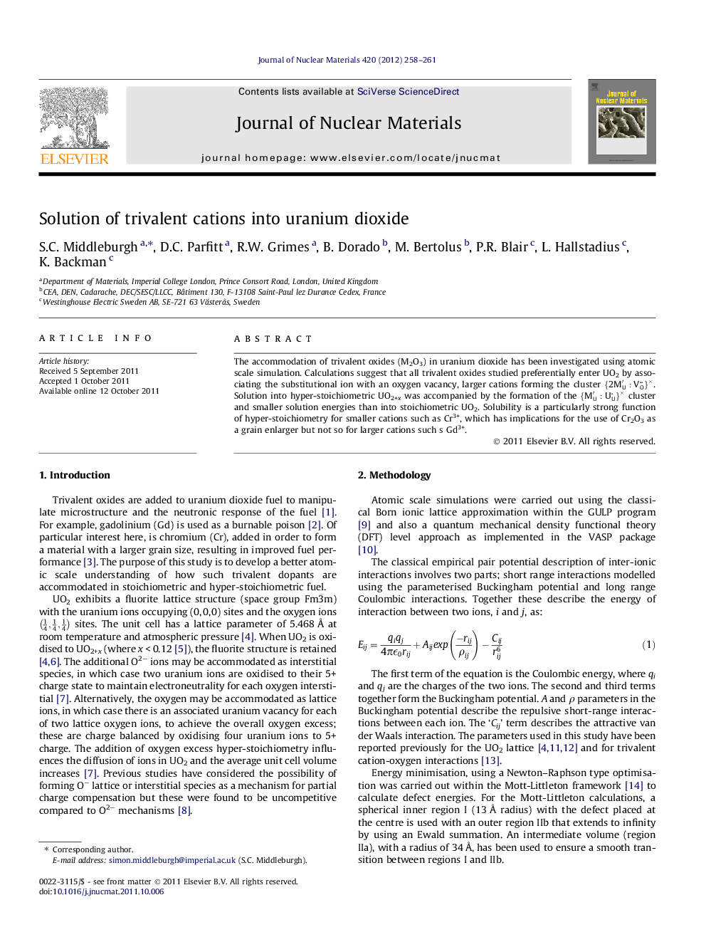 عکس صفحه اول مقاله: Solution of trivalent cations into uranium dioxide Solution of trivalent cations into uranium dioxide