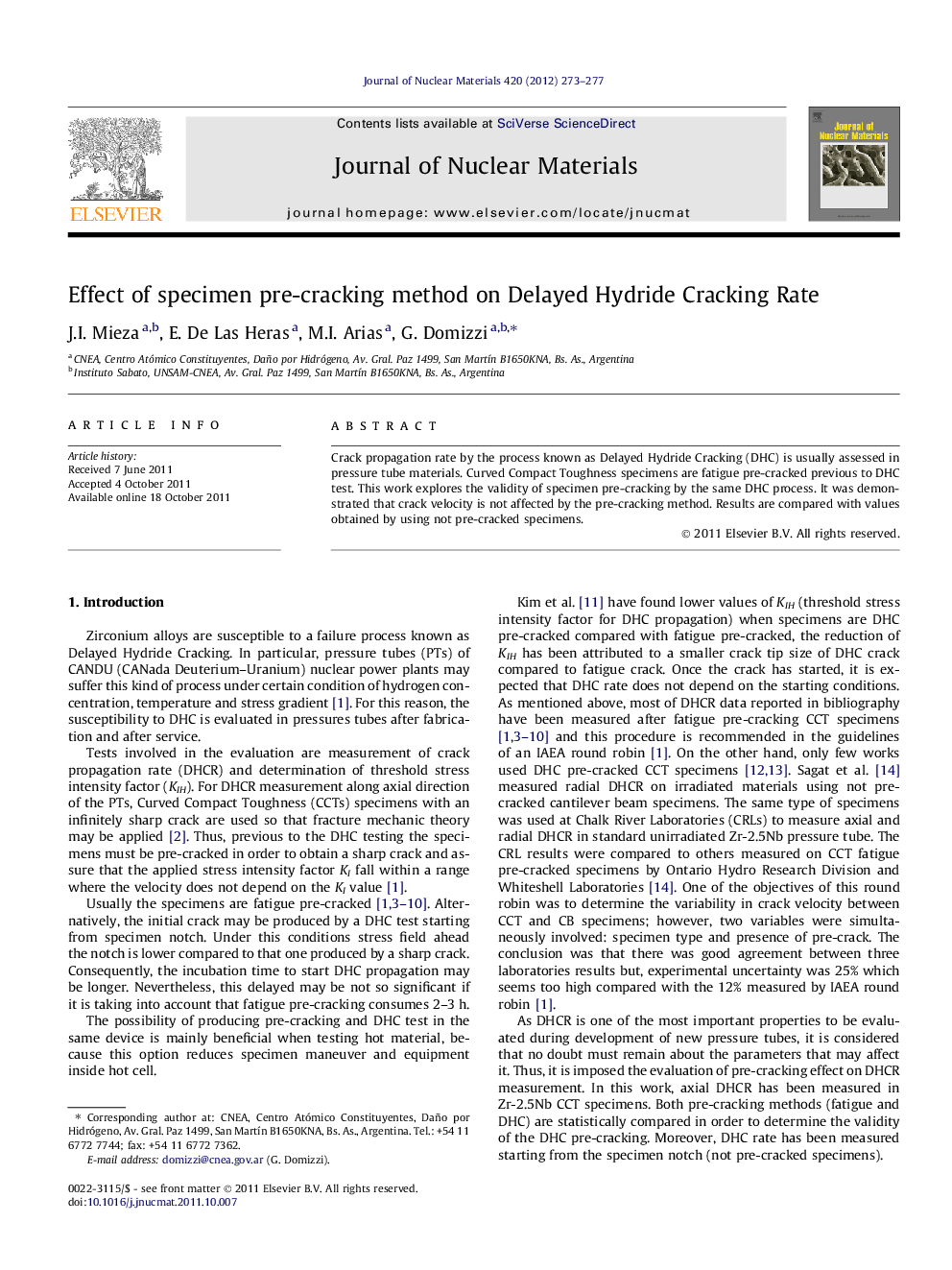 Effect of specimen pre-cracking method on Delayed Hydride Cracking Rate