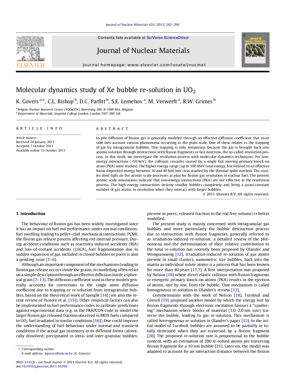 عکس صفحه اول مقاله: Molecular dynamics study of Xe bubble re-solution in UO2 Molecular dynamics study of Xe bubble re-solution in UO2