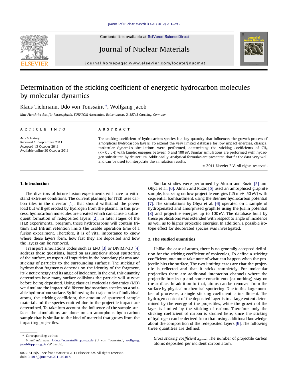 عکس صفحه اول مقاله: Determination of the sticking coefficient of energetic hydrocarbon molecules by molecular dynamics Determination of the sticking coefficient of energetic hydrocarbon molecules by molecular dynamics