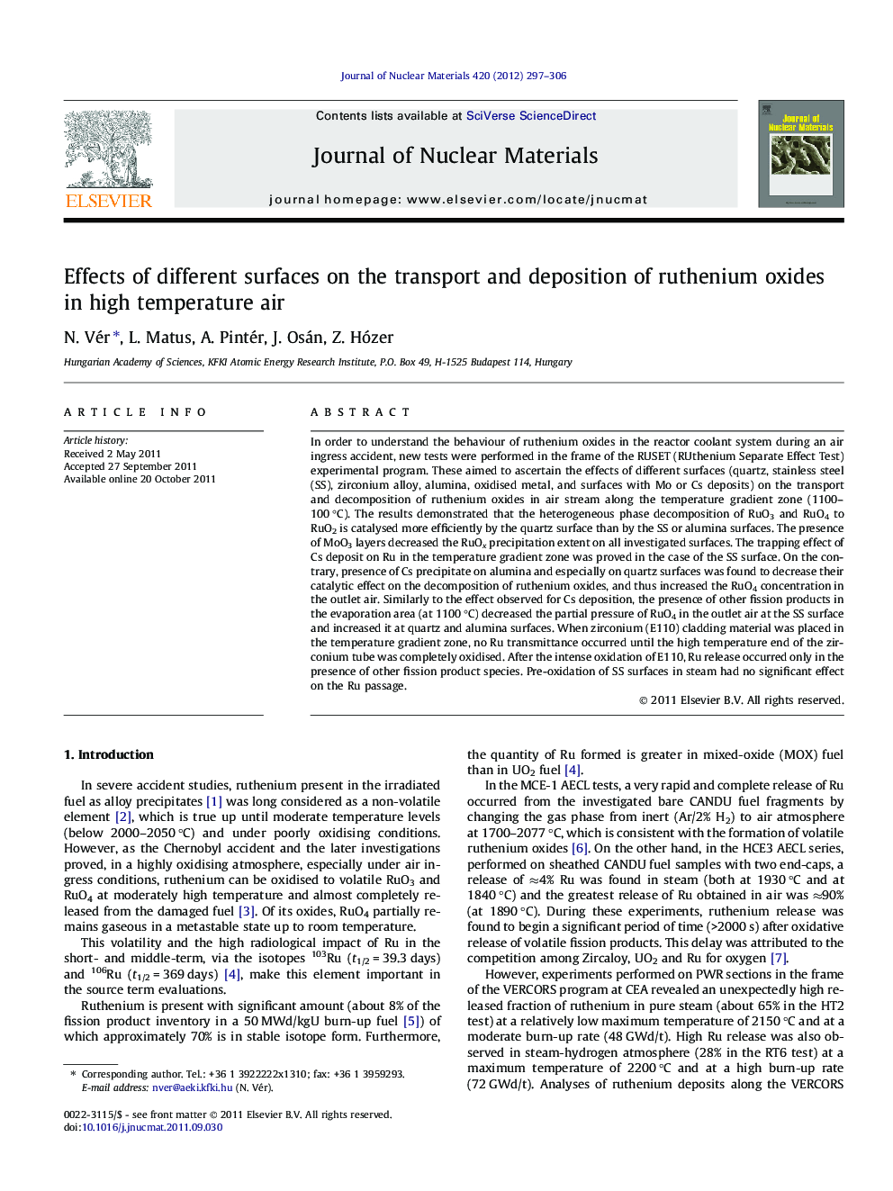 عکس صفحه اول مقاله: Effects of different surfaces on the transport and deposition of ruthenium oxides in high temperature air Effects of different surfaces on the transport and deposition of ruthenium oxides in high temperature air