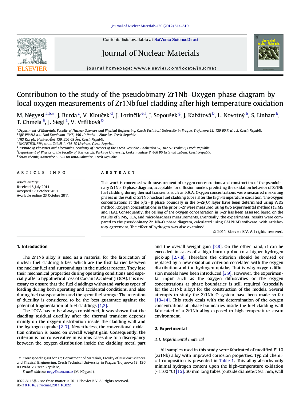 Contribution to the study of the pseudobinary Zr1Nb–Oxygen phase diagram by local oxygen measurements of Zr1Nb fuel cladding after high temperature oxidation