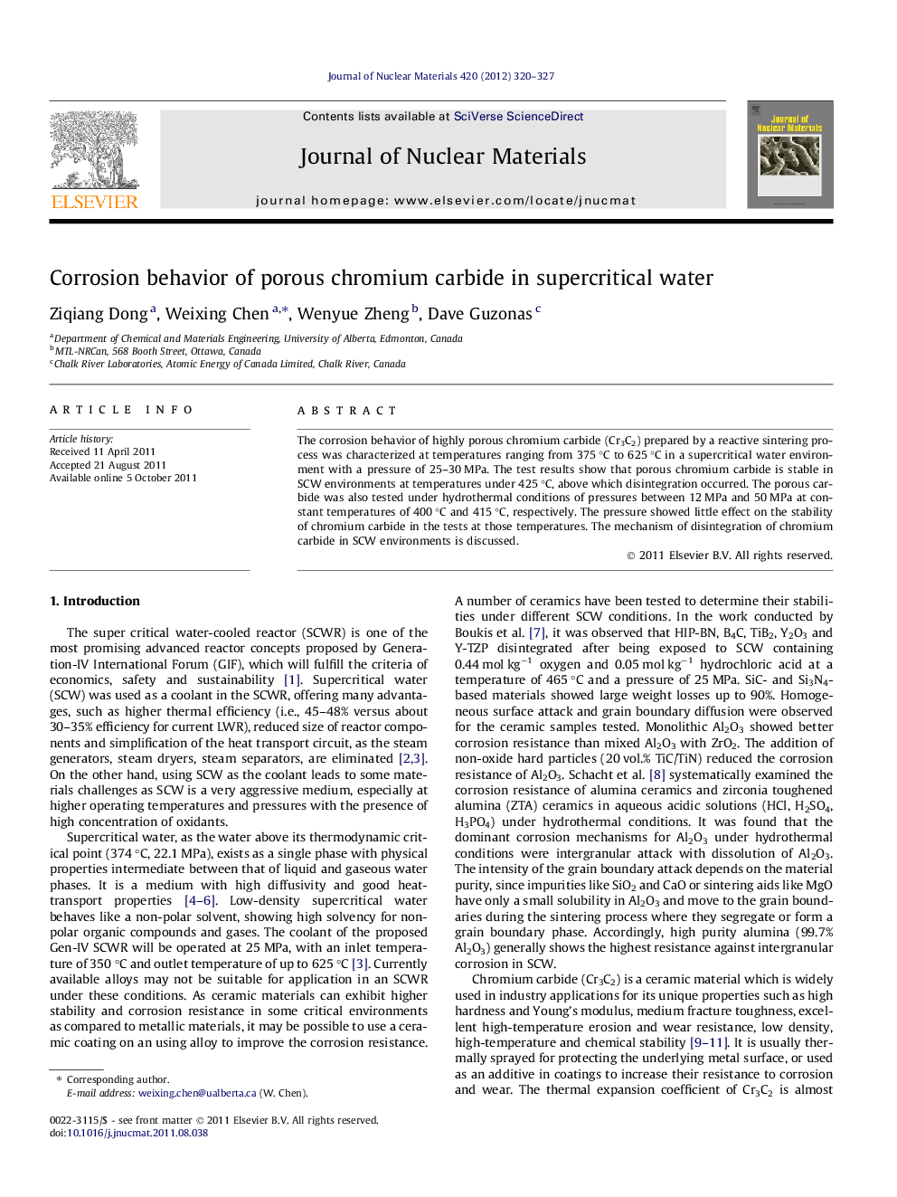 Corrosion behavior of porous chromium carbide in supercritical water