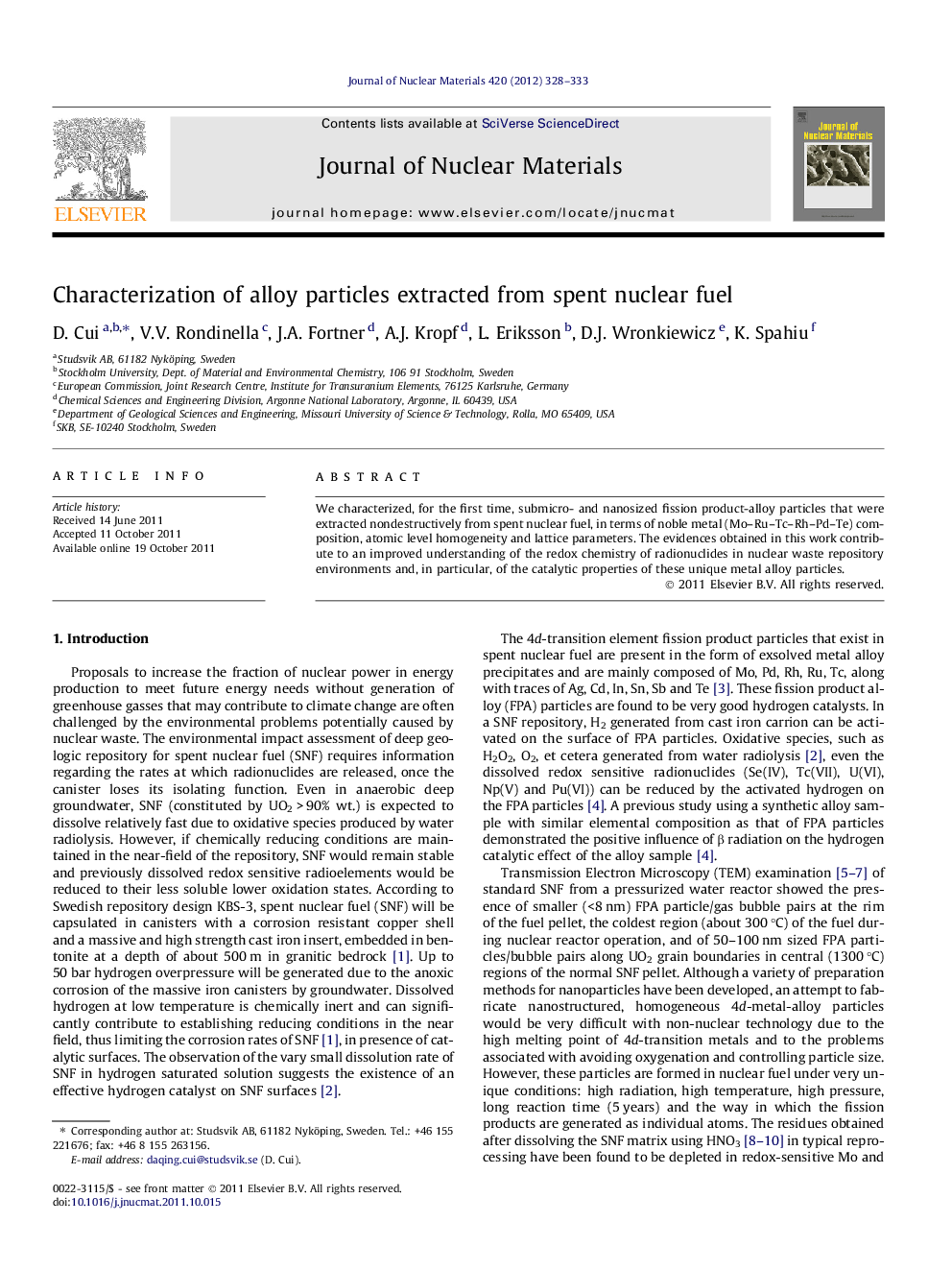 عکس صفحه اول مقاله: Characterization of alloy particles extracted from spent nuclear fuel Characterization of alloy particles extracted from spent nuclear fuel