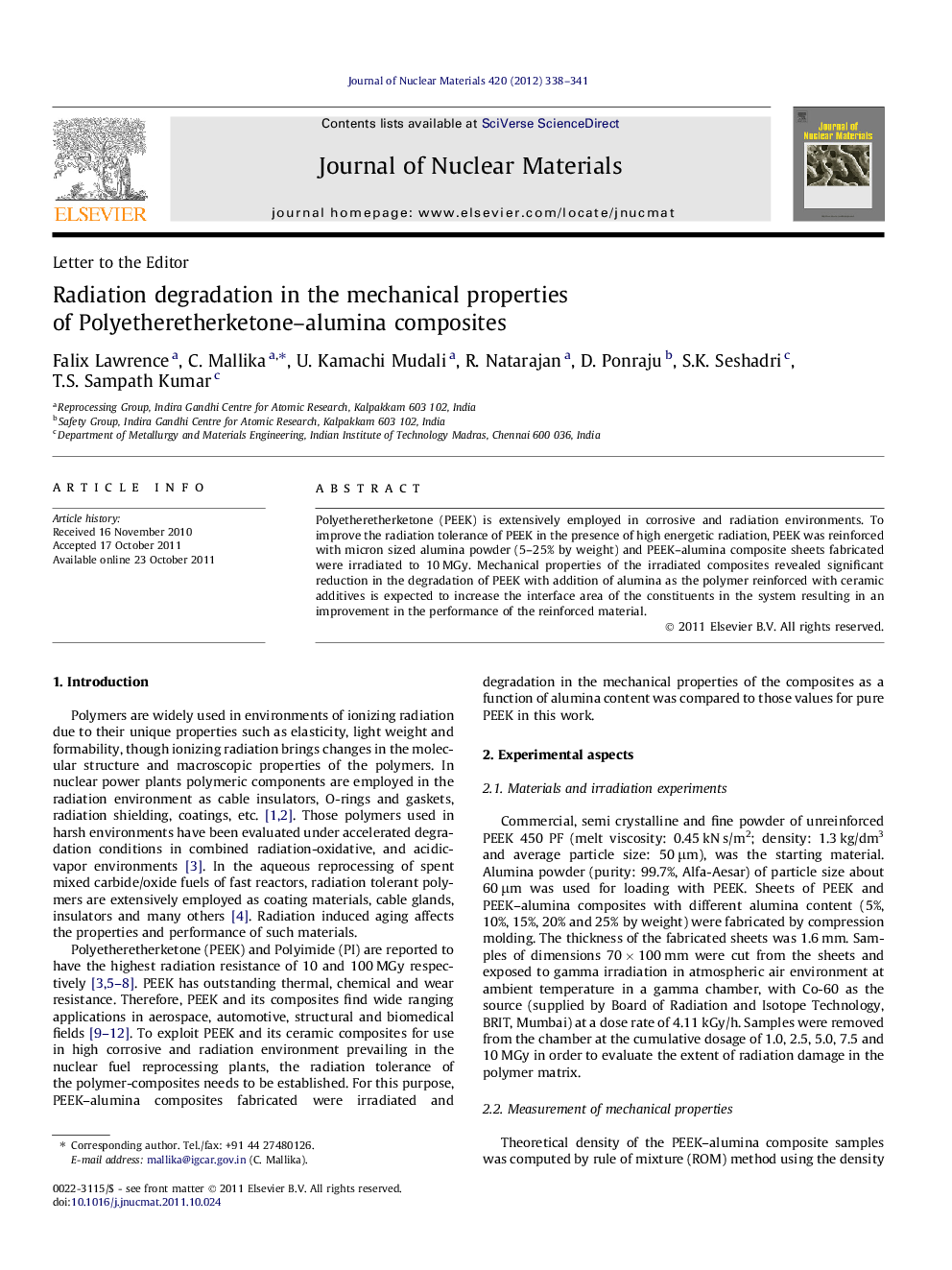 عکس صفحه اول مقاله: Radiation degradation in the mechanical properties of Polyetheretherketone–alumina composites Radiation degradation in the mechanical properties of Polyetheretherketone–alumina composites